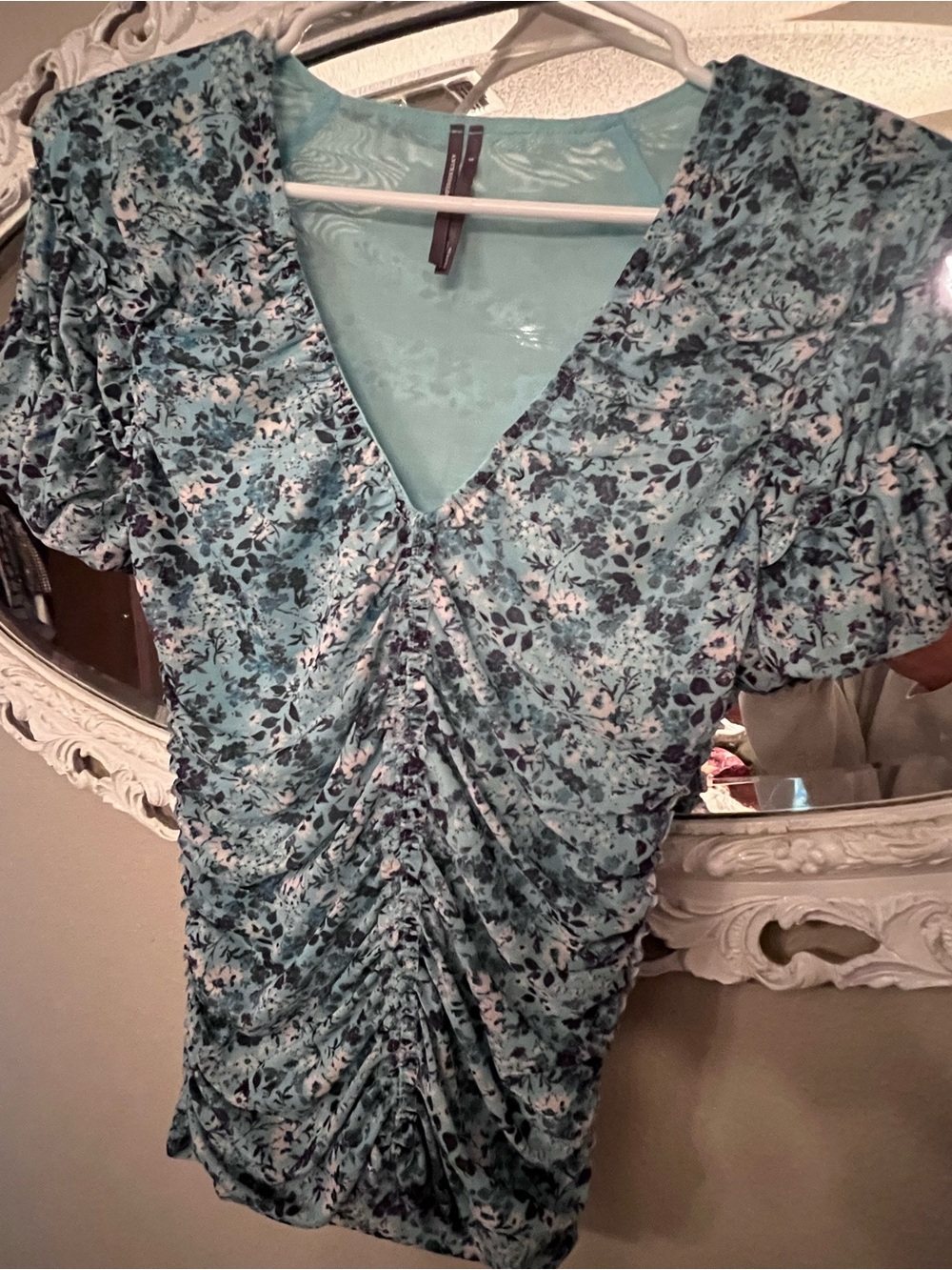 Anthropologie Teal Blue Floral Ruched V-Neck Midi Dress
